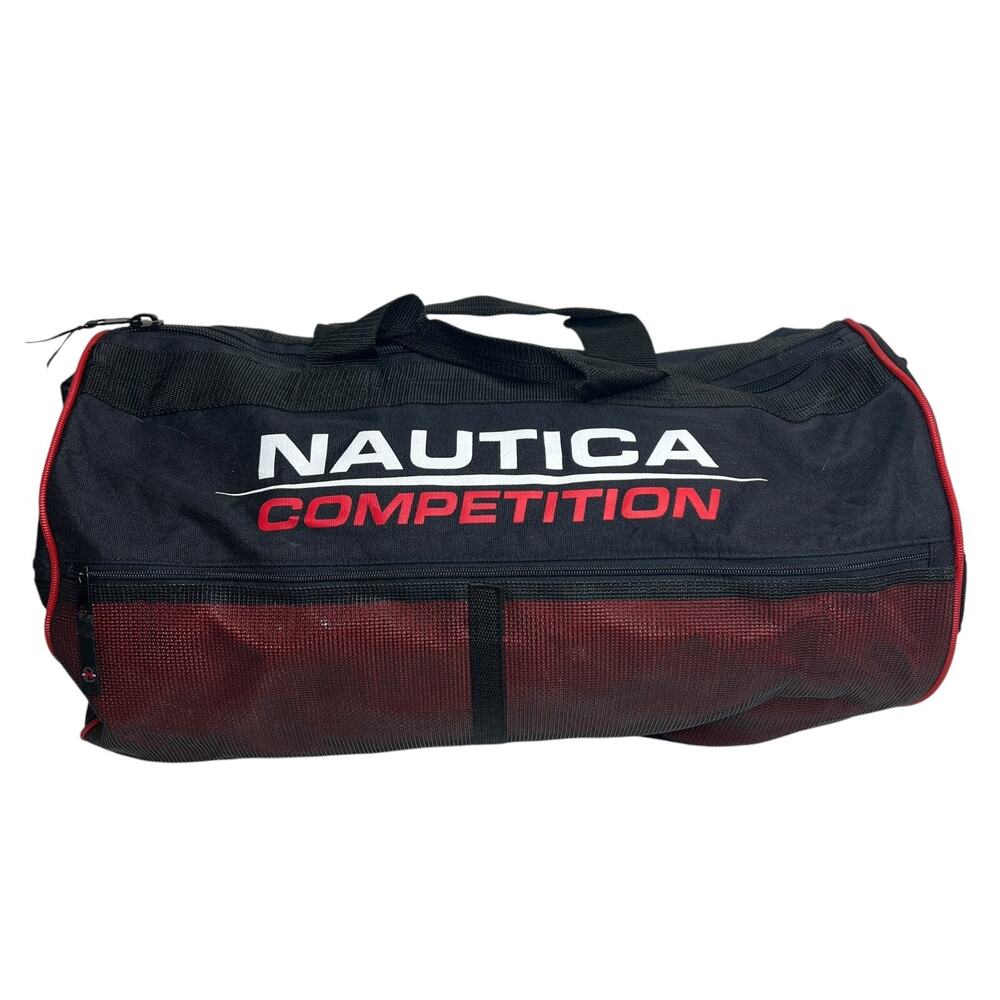 Nautica Competition Vintage 90s Round Zip Top Duffle Gym Bag Black Red